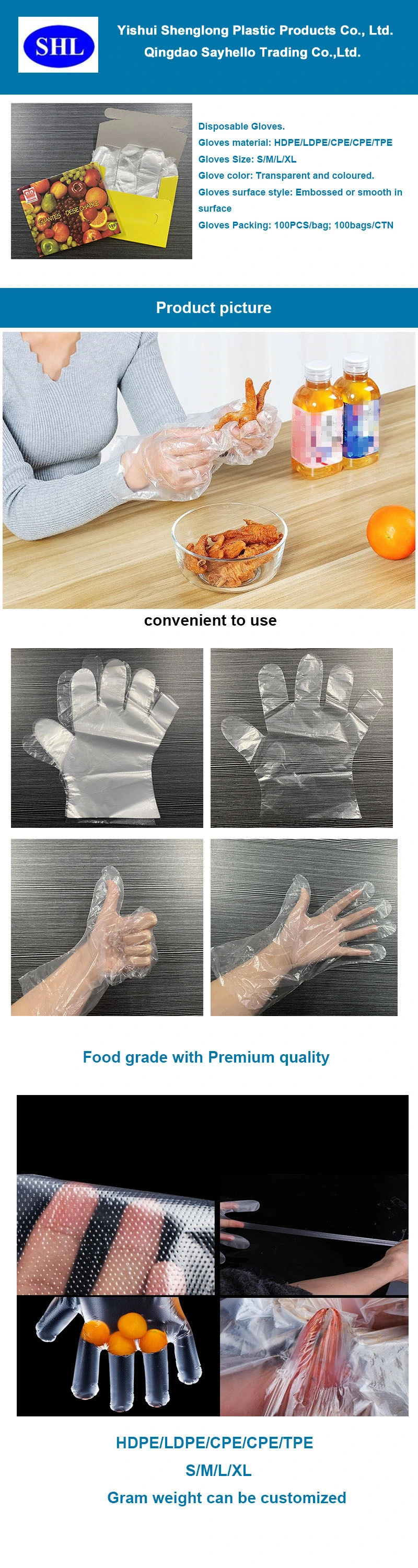 Food Service Process Kitchen Household Clear Poly Polyethylene Transparent Disposable PE Plastic Hand Gloves